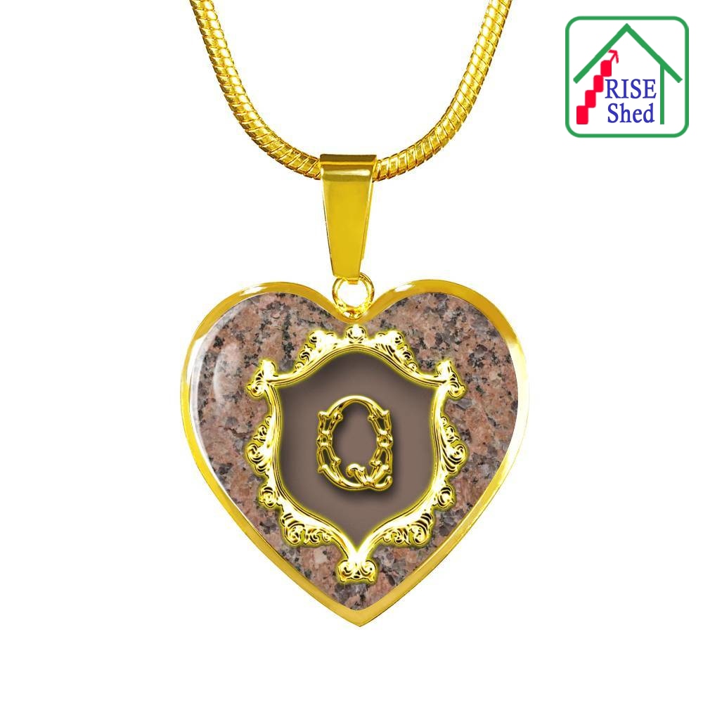 Q Initial Monogram Alphabet 18K Gold Finish Heart Pendant and Necklace