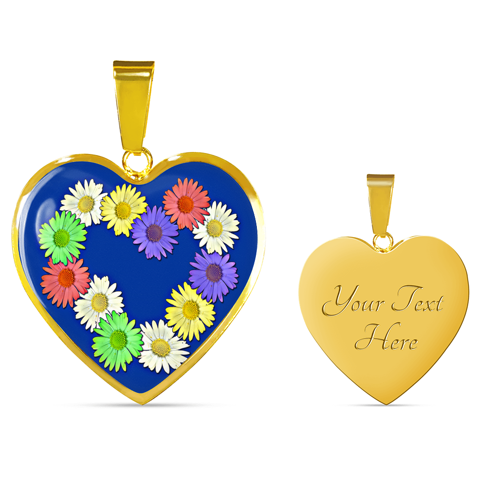 Daisy Chain Heart Pendant showing Engraved Back Side of 18K Gold FinishNecklace