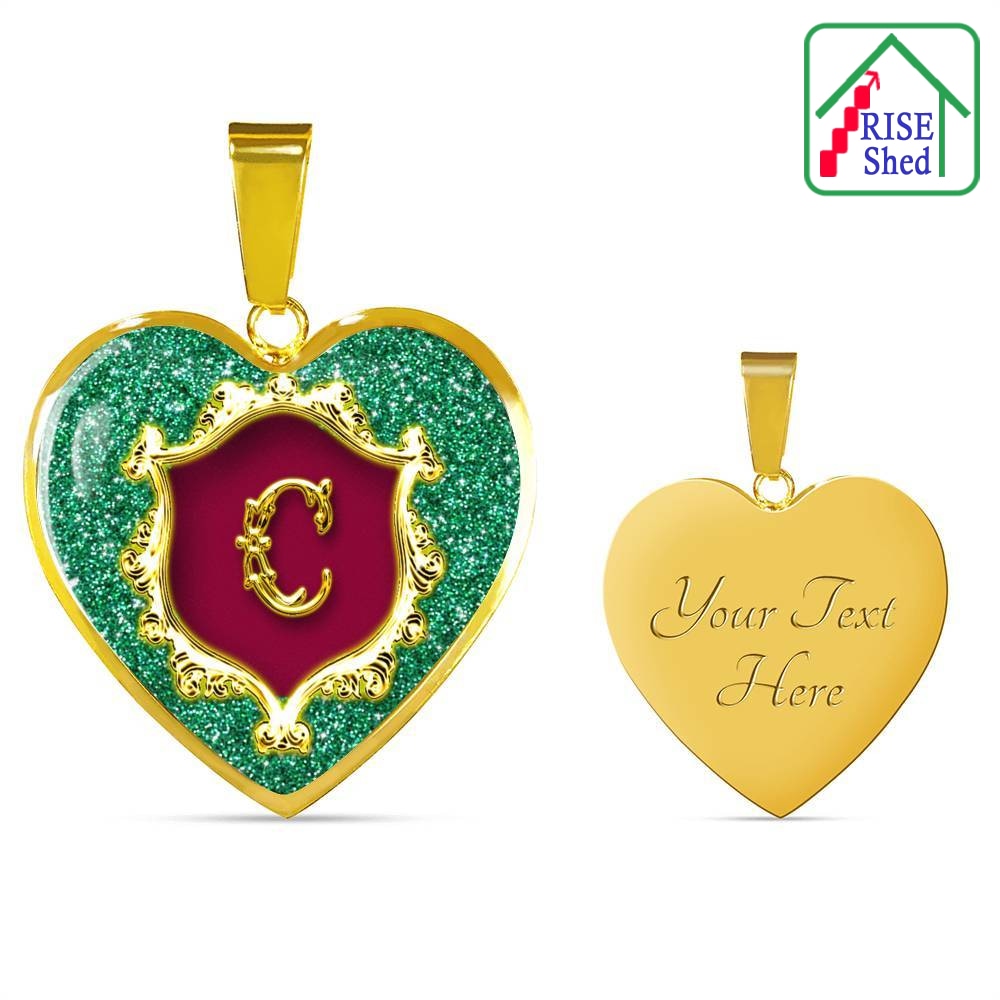 Custom engraved back of 18K Gold finish C Initial Monogram Alphabet Heart Pendant and Necklace