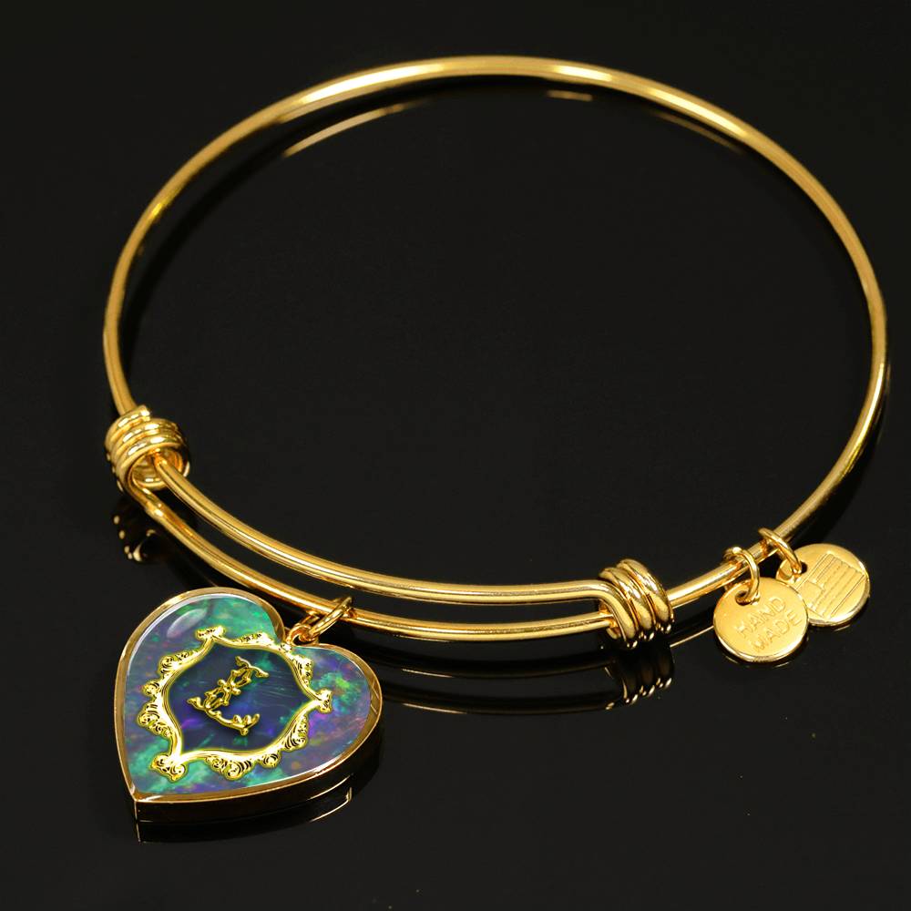 18K gold finish and poured glass Heart Pendant Monograms L Alphabet Initial Bangle
