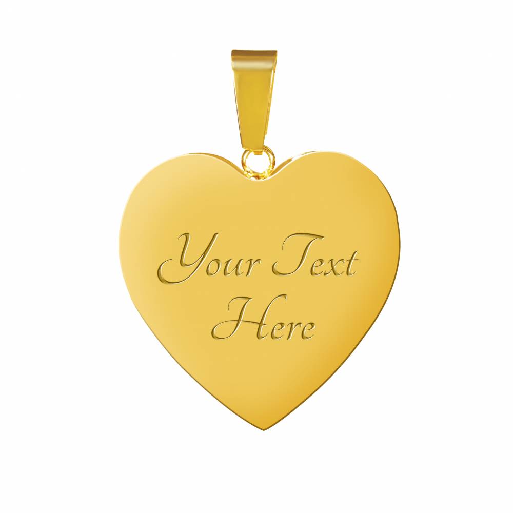 custom engraving on 18K gold finish heart pendant "Your Text Here" written in a cursive Tangerine font