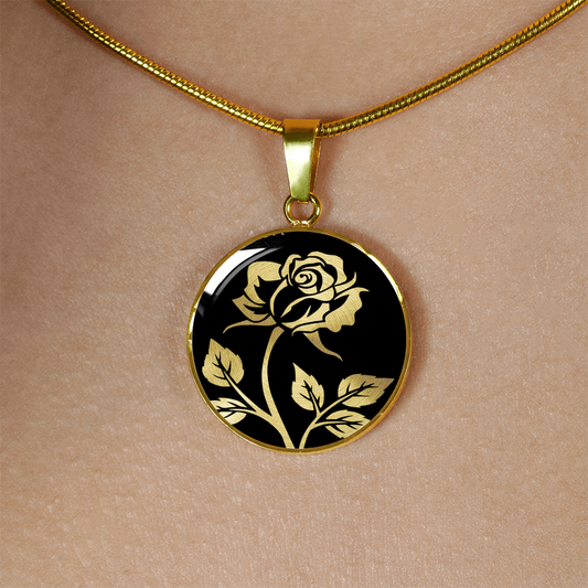 Gold Rose Circle Pendant 18K Gold Finish Necklace pictured being worn against skin