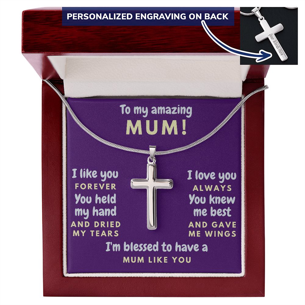 To My Amazing Mum, I'm Blessed - Personalized Cross Necklace gift boxed