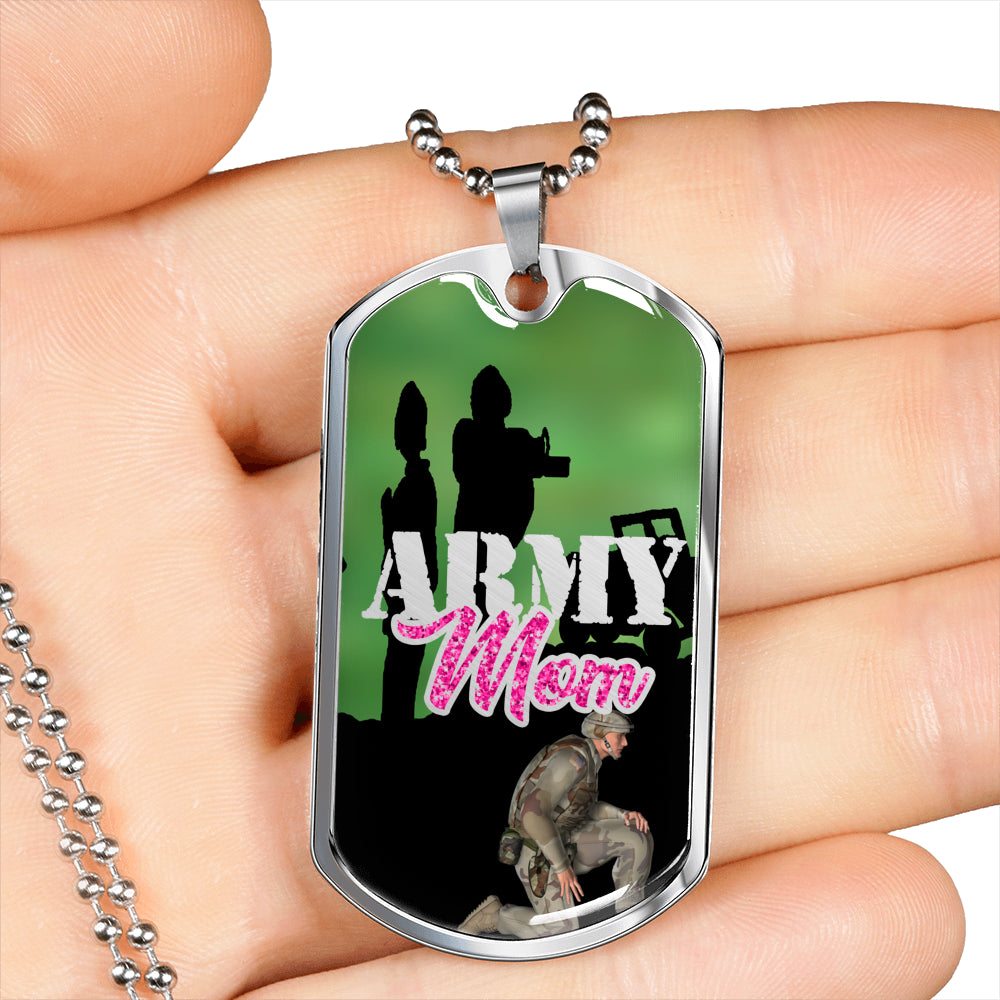 Army Mom Graphic Dog Tag on Military Chain held in palm of hand