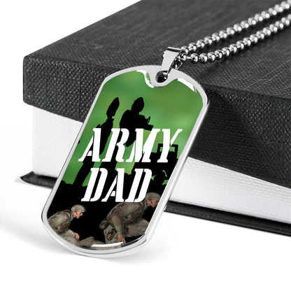 Army Dad Graphic Dog Tag on Military Chain rests over a black gift box lid