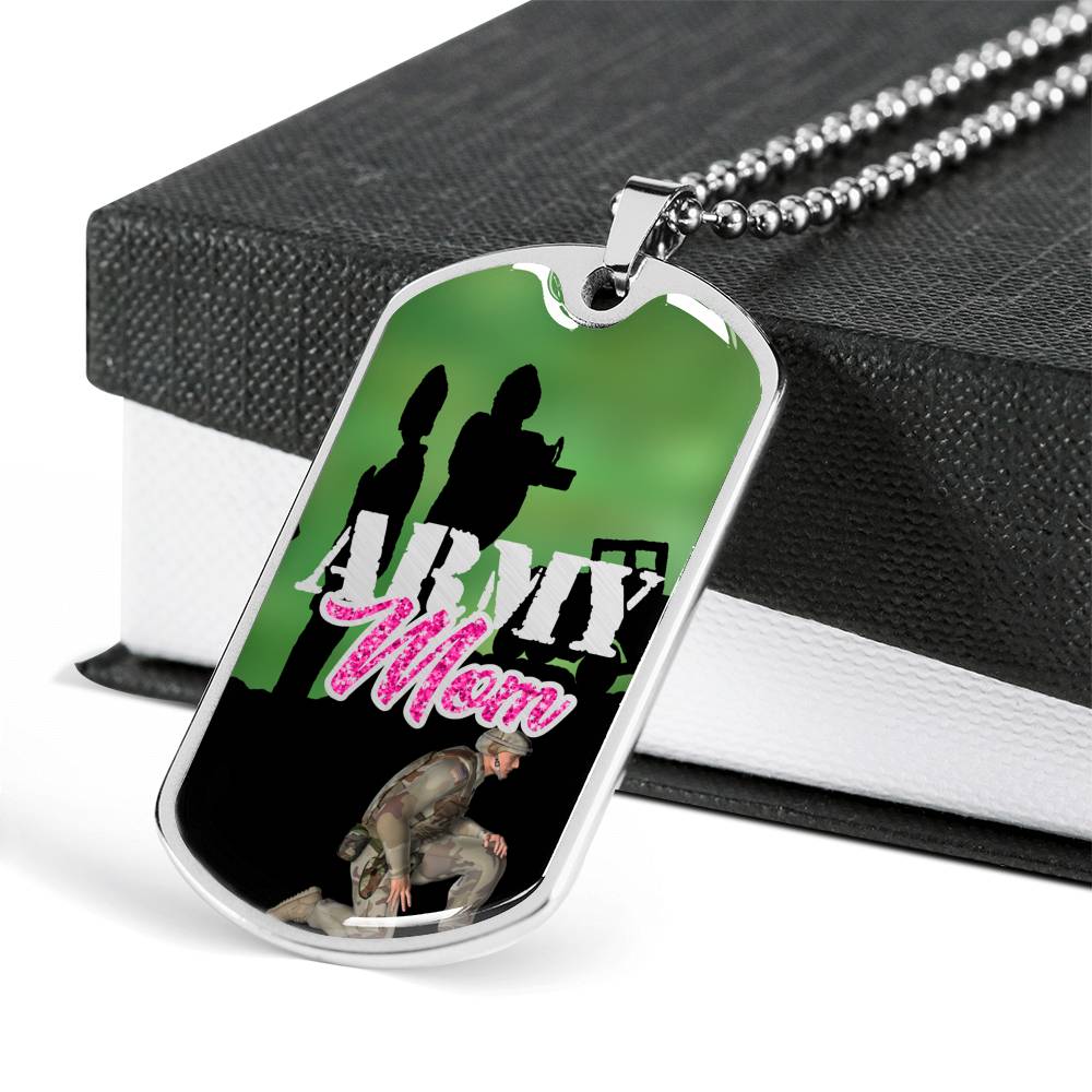 Army Mom Dog Tag with Military Chain Necklace lying draped over gift box
