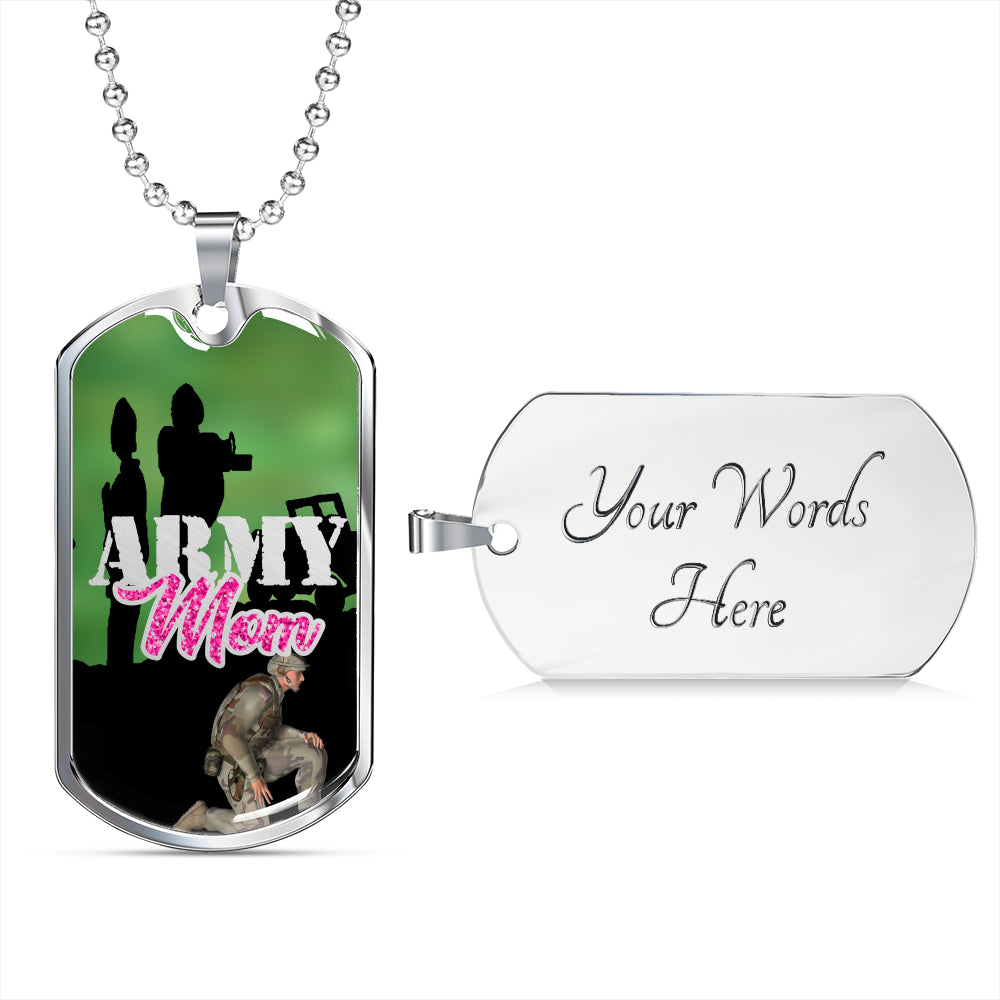 engraved backside shown next to Army Mom Dog Tag with Military Chain Necklace