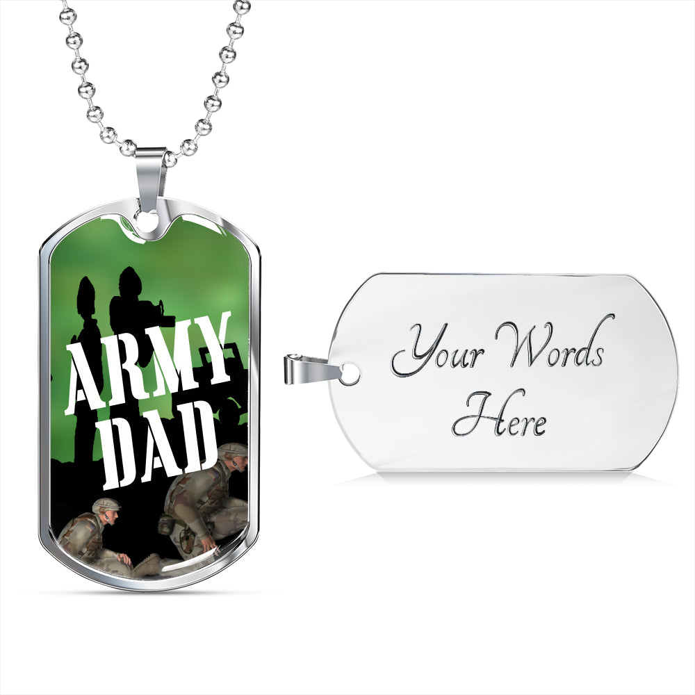 Army Dad Graphic Dog Tag with custom engraved back side on Military Chain