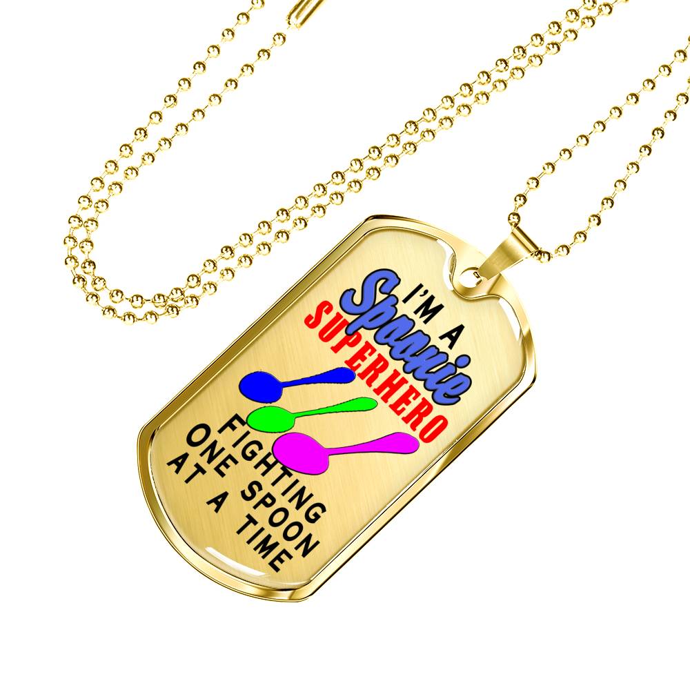 18k gold finish version of Spoonie Superhero Fighting One Spoon At A Time Dog Tag Necklace