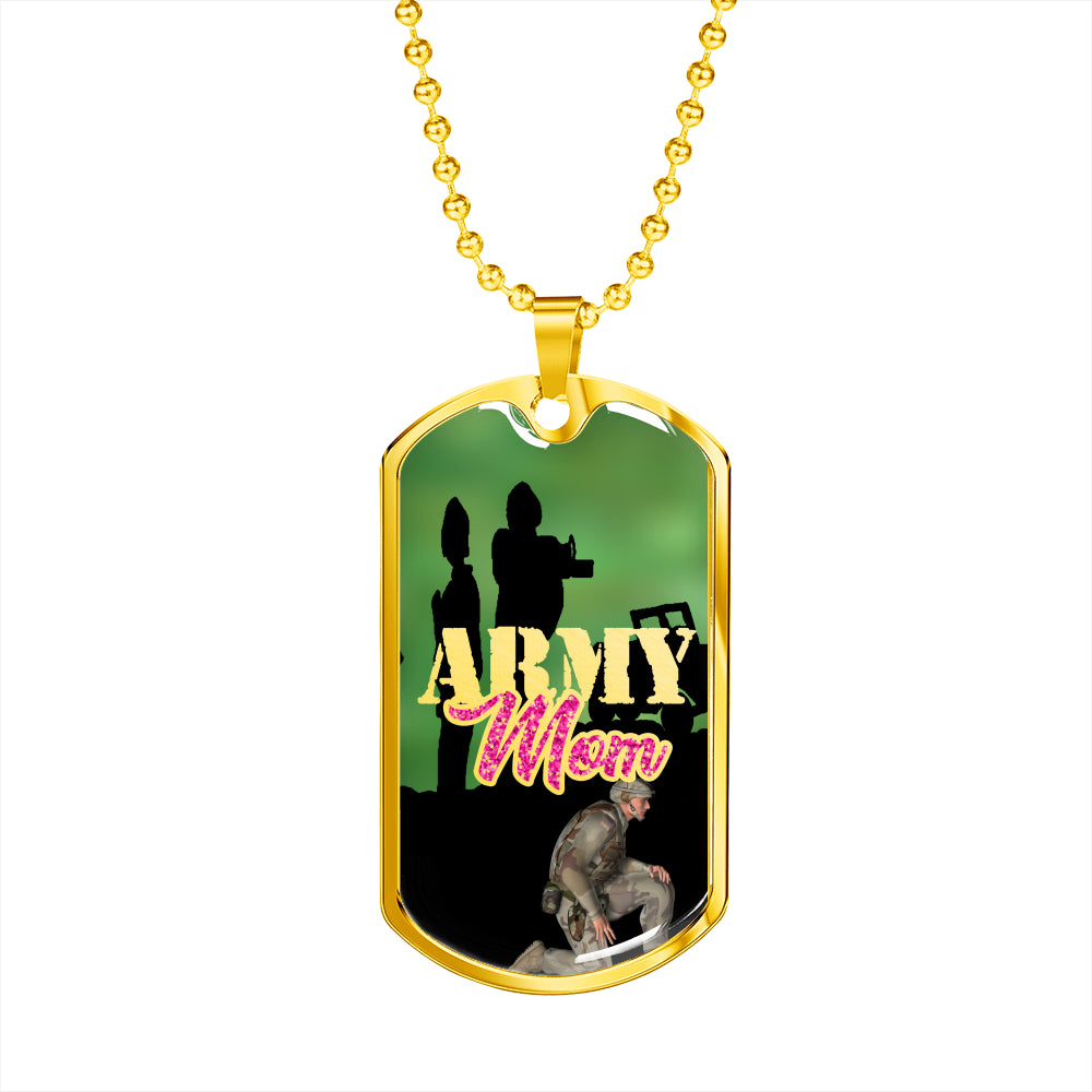 Army Mom Gold finish Dog Tag with Military Chain Necklace