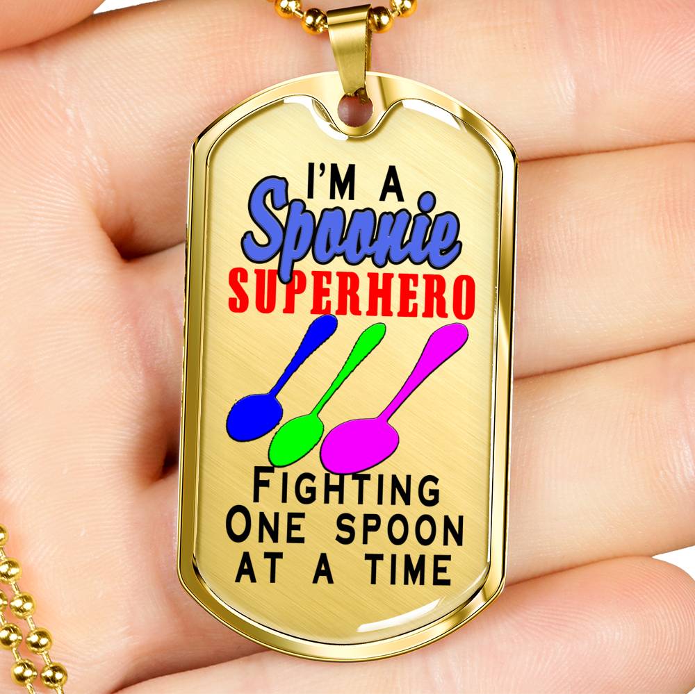 closeup of Spoonie Superhero Fighting One Spoon At A Time 18k gold finish Dog Tag on Necklace