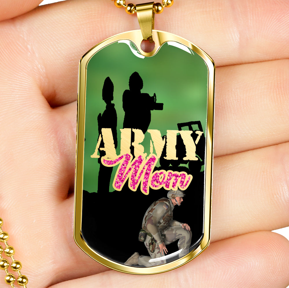 Army Mom Gold finish Dog Tag held in palm of hand