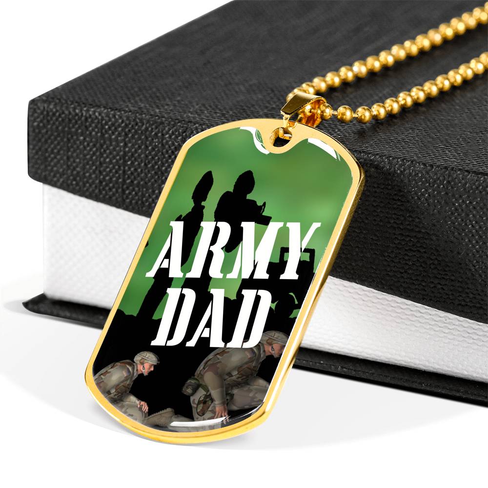 Gold finish Army Dad Luxury DogTag with Military Chain lays over gift box