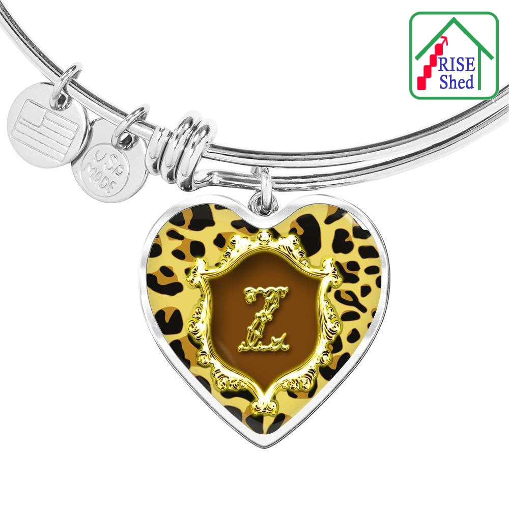 Close up of Heart Pendant Monograms Z Alphabet Initial from Stainless Steel Bangle