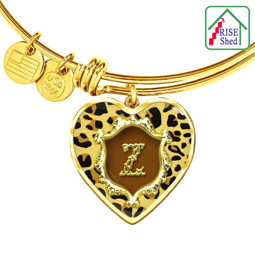 Close up of Heart Pendant Monograms Z Alphabet Initial from 18k gold finish Bangle
