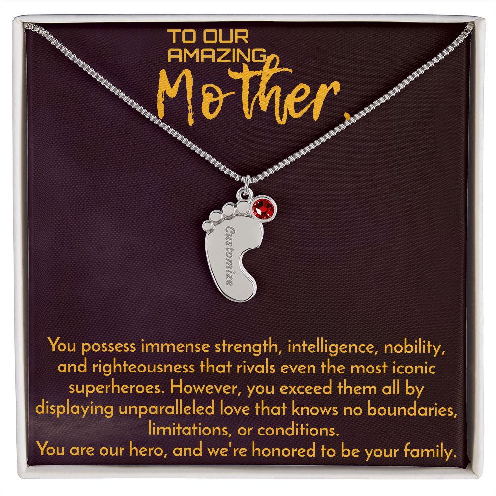 To Our Amazing Mother Footprints Necklace with customizable engraving on each foot and a choice of birthstone placed on big toe. Gift boxed with a sentimental message card.