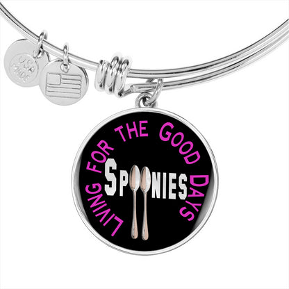 Spoonies - Living For The Good Days chatm close up on Stainless steel bangle