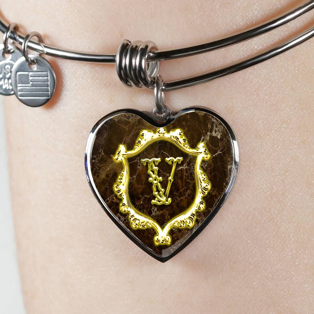 Heart Pendant V Monogram Alphabet Initial Bangle being displayed on wrist