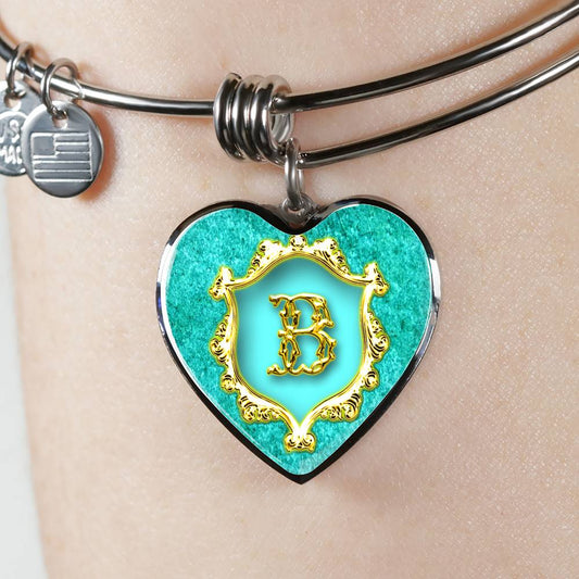 Heart Pendant Monograms B Turquoise Alphabet Initial Bangle worn on arm