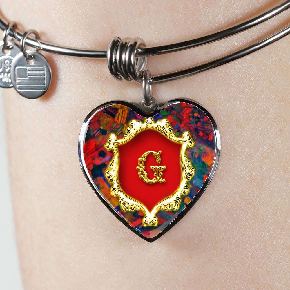 G Monogram Alphabet Initial Bangle Red Opal Style Background Heart Pendant worn on wrist