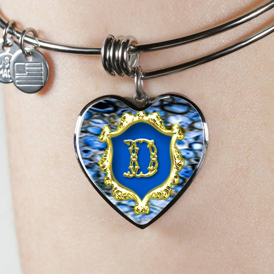 D Monogram Alphabet Initial Bangle Heart Pendant Blue Agate Style Background On Model's Wrist