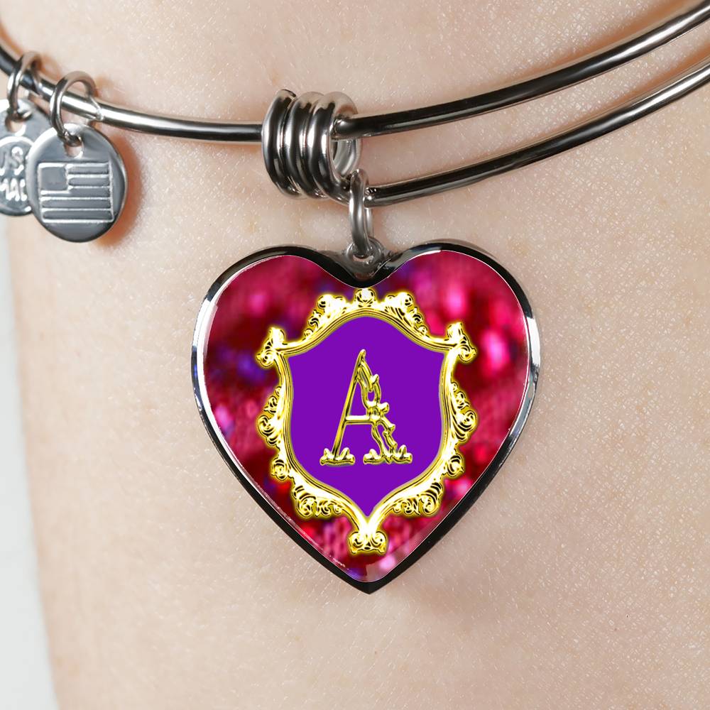 Heart Pendant Monograms A Alphabet Initial Bangle being worn on arm