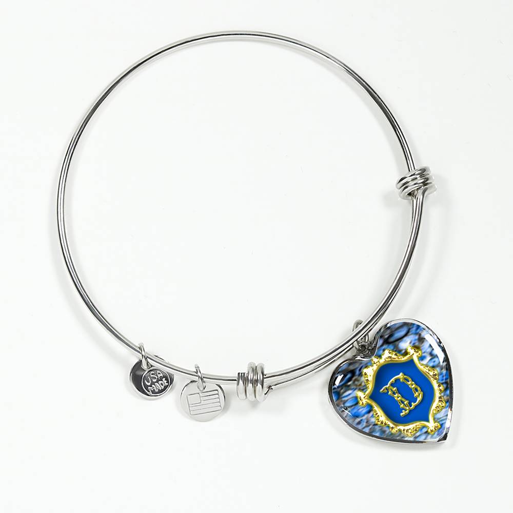 D Monogram Alphabet Initial Stainless Steel Bangle Heart Pendant Blue Agate Style Background