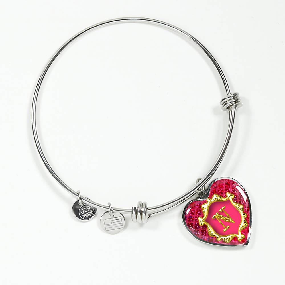 stainless steel and poured glass Heart Pendant N Monogram Alphabet Initial Bangle