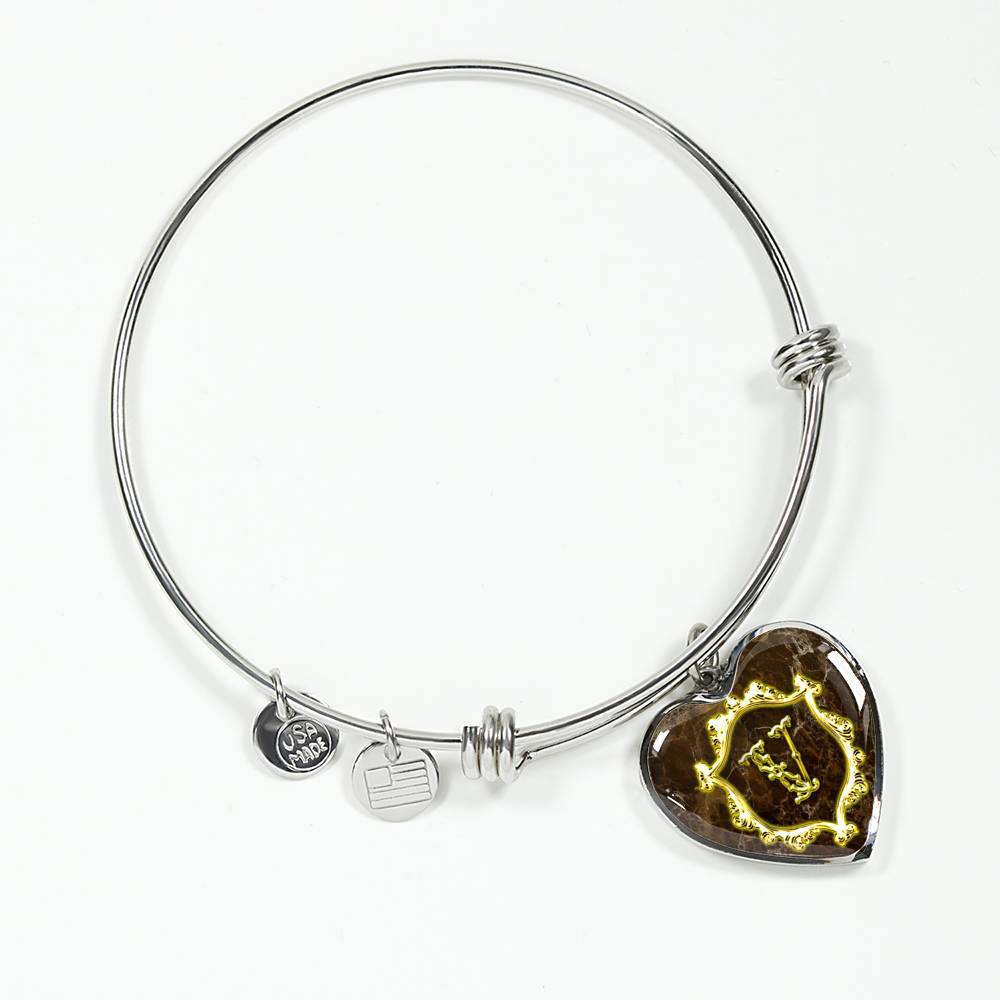 Heart Pendant V Monogram Alphabet Initial Stainless Steel and Poured Glass Bangle