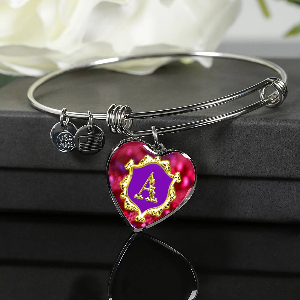 Heart Pendant Monograms A Alphabet Initial Bangle lays over a black gift box