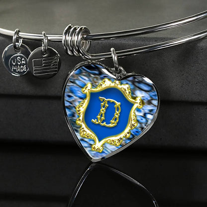 D Monogram Alphabet Initial Bangle Heart Pendant Blue Agate Style Background