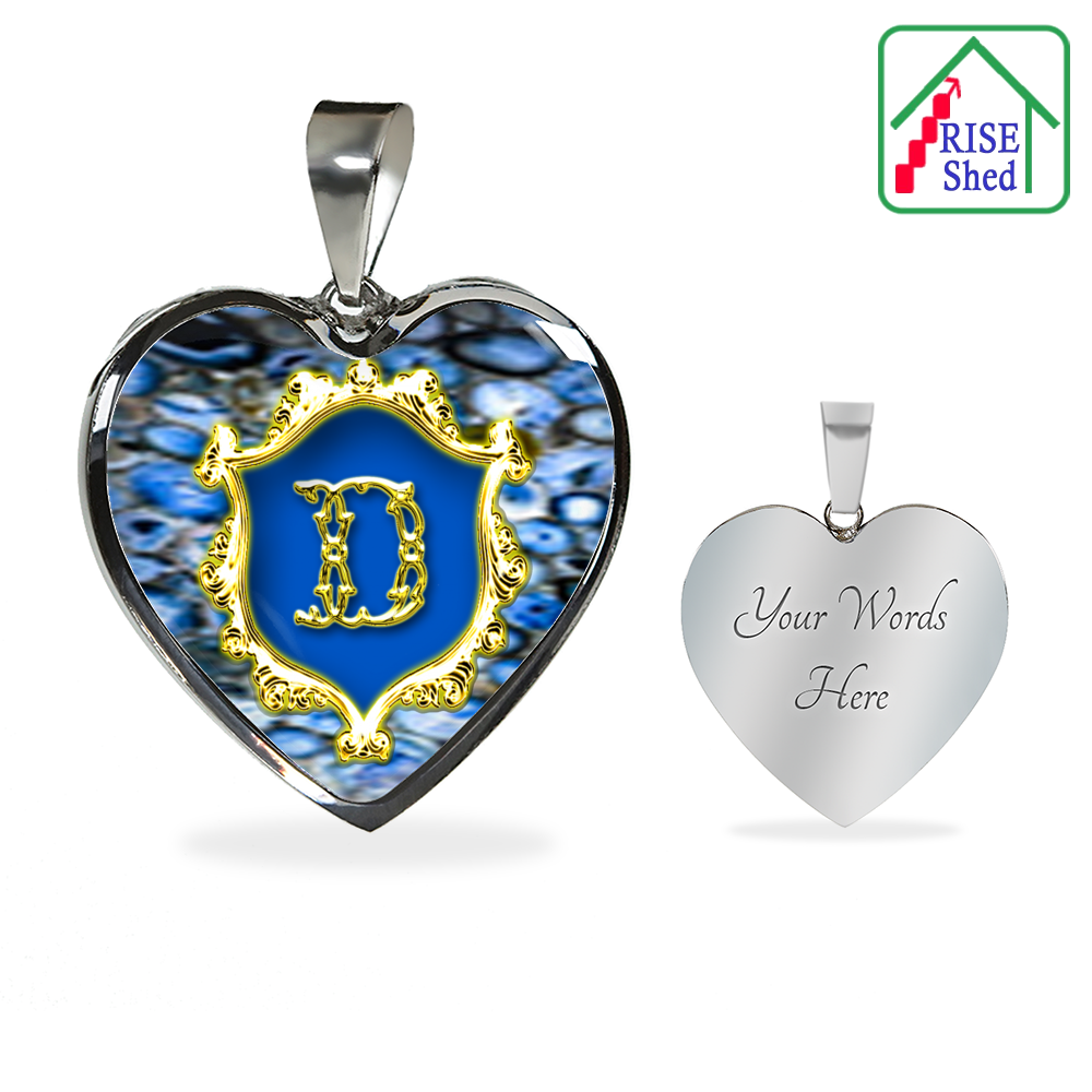 D Monogram Alphabet Initial Bangle Heart Pendant Blue Agate Style Background