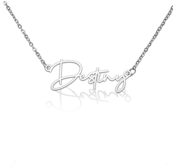 Polished stainless steel necklace has the name Destiny written in signature script and suspended from a cable chain necklace on the top of each side