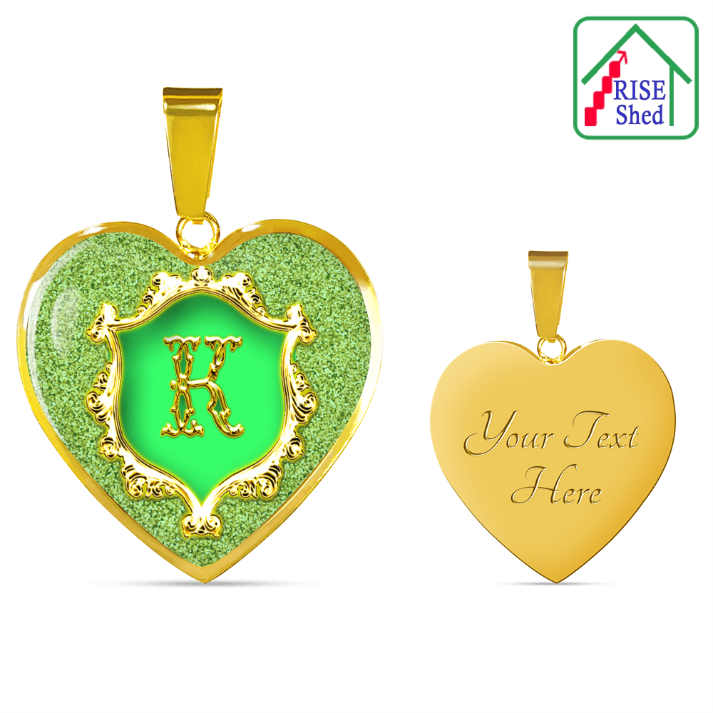 18K Gold Finish Alphabet Monogram Heart Pendant K Initial. Image is showing the front of the pendant on the left. On the right is the view of the back with Custom Engraving saying, "Your Text Here"