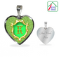 Front view of Alphabet Monogram Heart Pendant K Initial is on the left. On the right of the image is the view of the back of pendant with Custom personalized Engraving on backside saying, "Your Words Here"