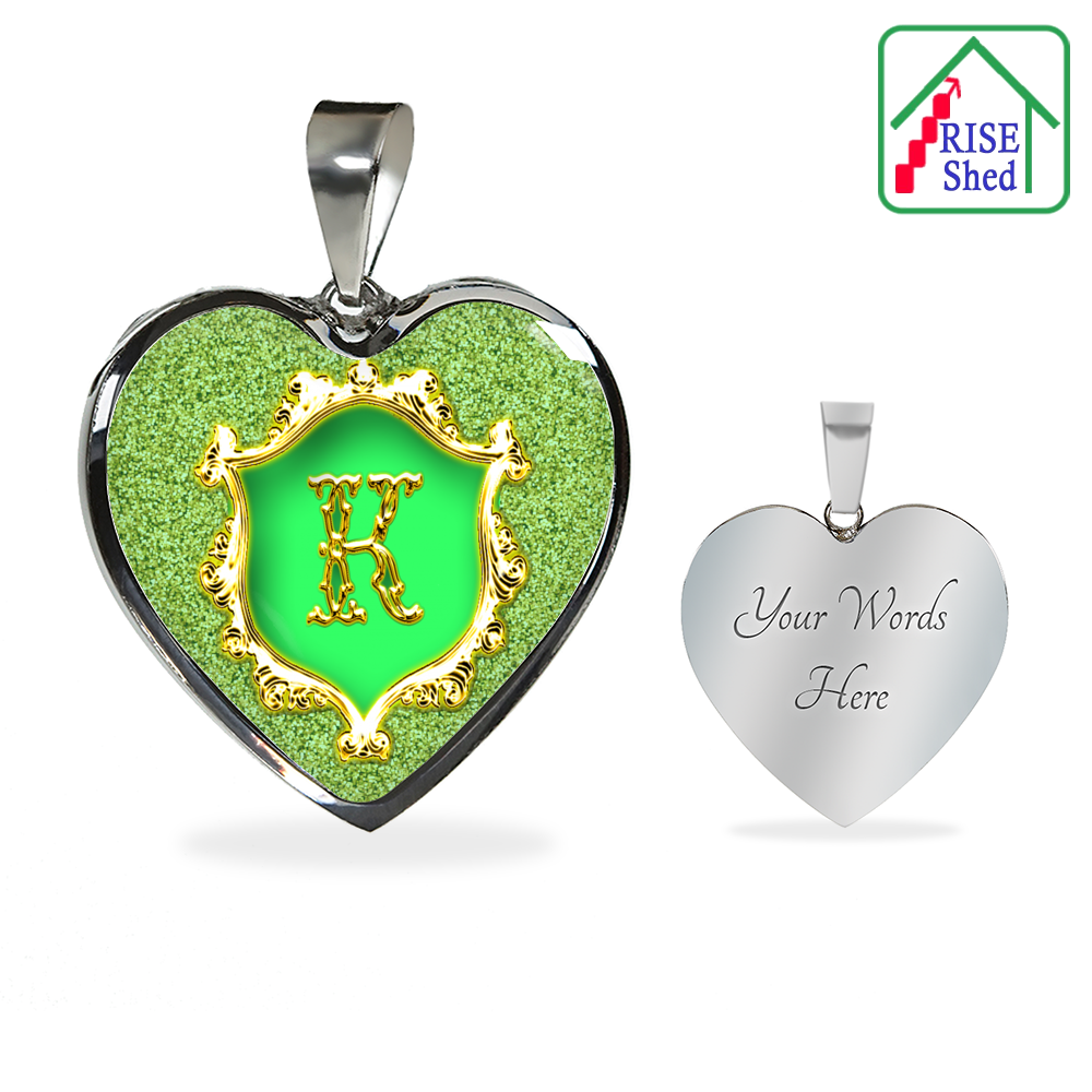 Alphabet Monogram Heart Pendant K Initial. The front of pendant is shown on left. On right is a view of the backside, with Custom Engraving saying, "Your Words Here"
