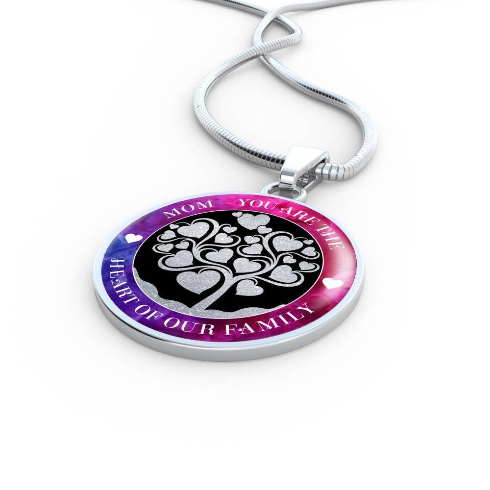 Mom - You are the Heart of our family pendant on the polished surgical stainless steel snake link chain