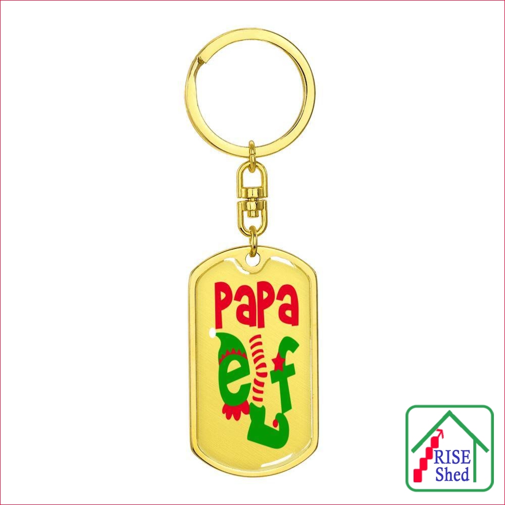 Papa Elf Christmas Keychain shown with the real 18K Yellow Gold Finish Option