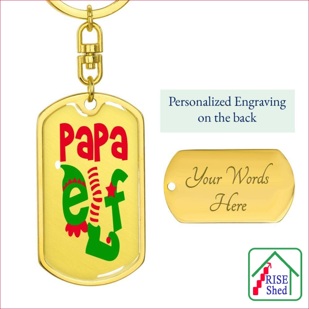 the 18k Y gold finish Papa Elf Christmas Keychain has custom personalized engraving option on the back of the pendant