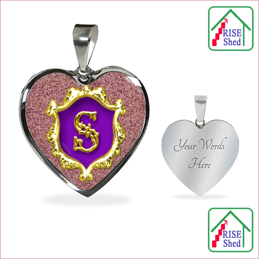 Letter S Monogrammed Stainess Steel Heart necklace showing engraved back side of Pendant, "Your Words Here"