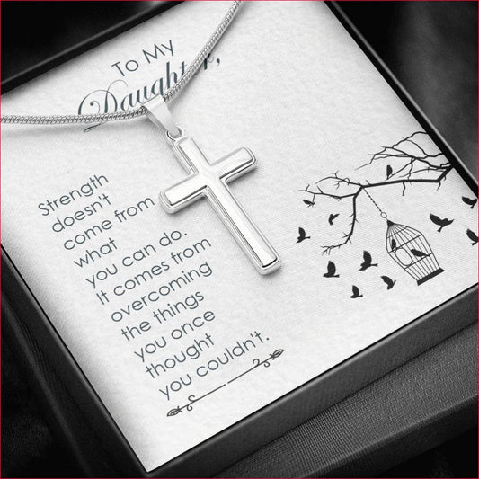 White Gold Strength to my daughter cross displayed in gift box with message card