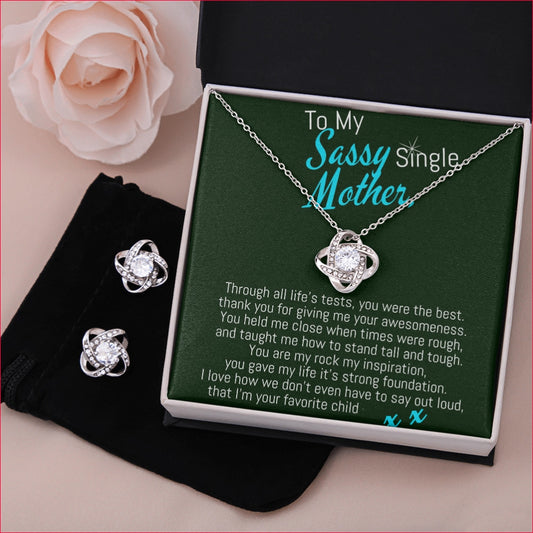 To My Sassy Single Mother - 14K White Gold and Cubic Zirconia Love Knot Earring & Necklace Set
