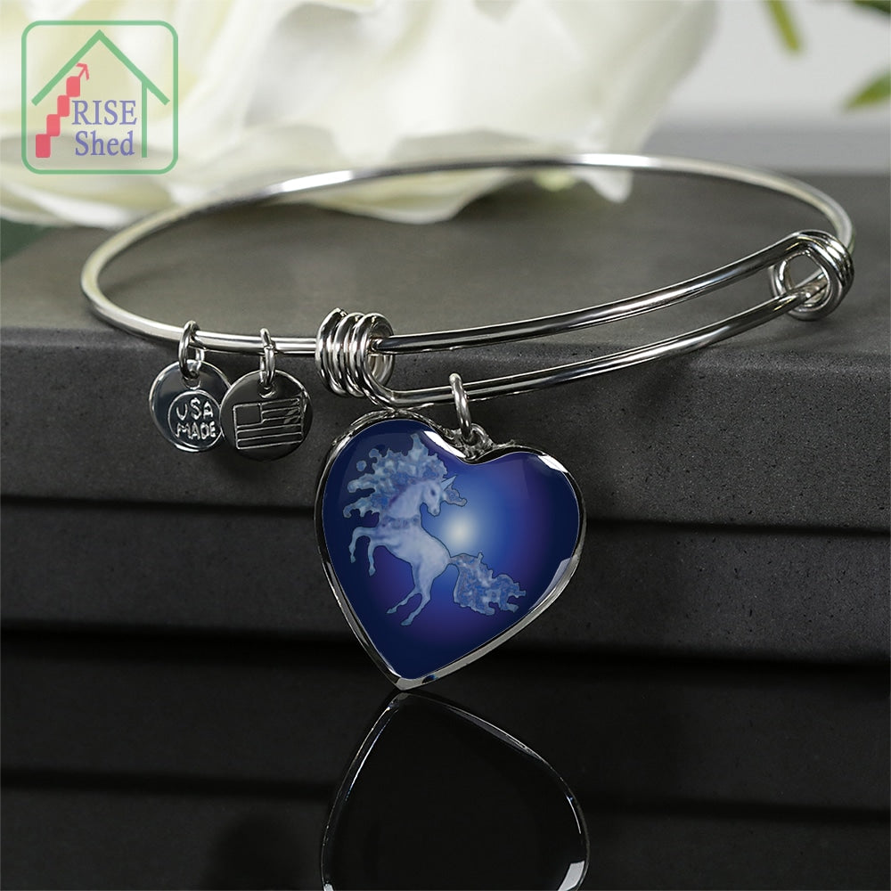 Unicorn Bangle Pendant Jewelry Stainless Steel and hand poured glass dome